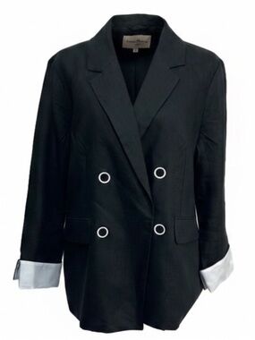 Vintage Neiman Marcus Linen Jacket Black White Notched Lapel Size Large